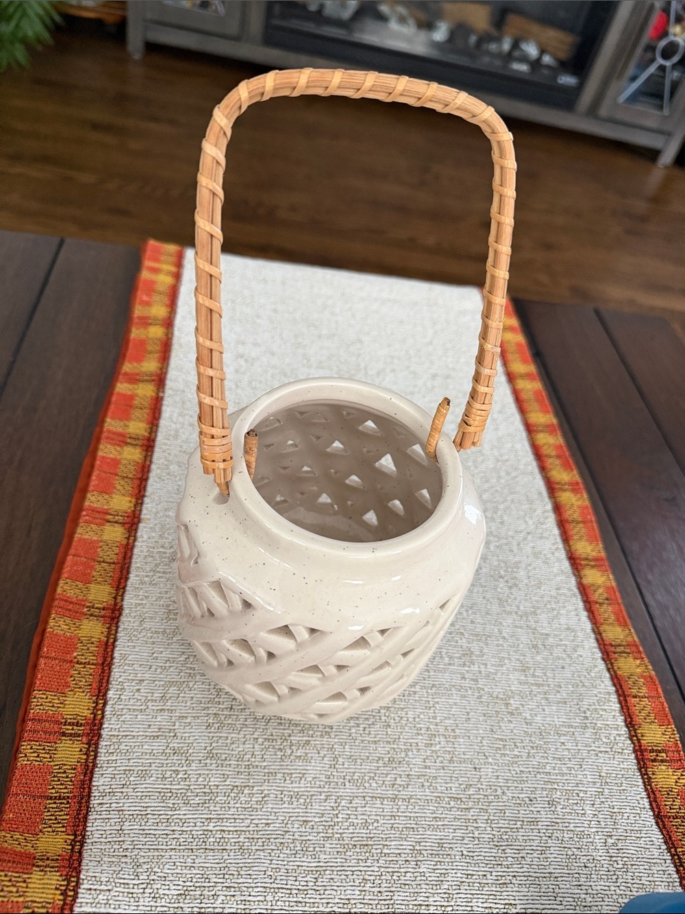 Ceramic Lattice Lantern with uWoven Handle - Cream farmhouse decor